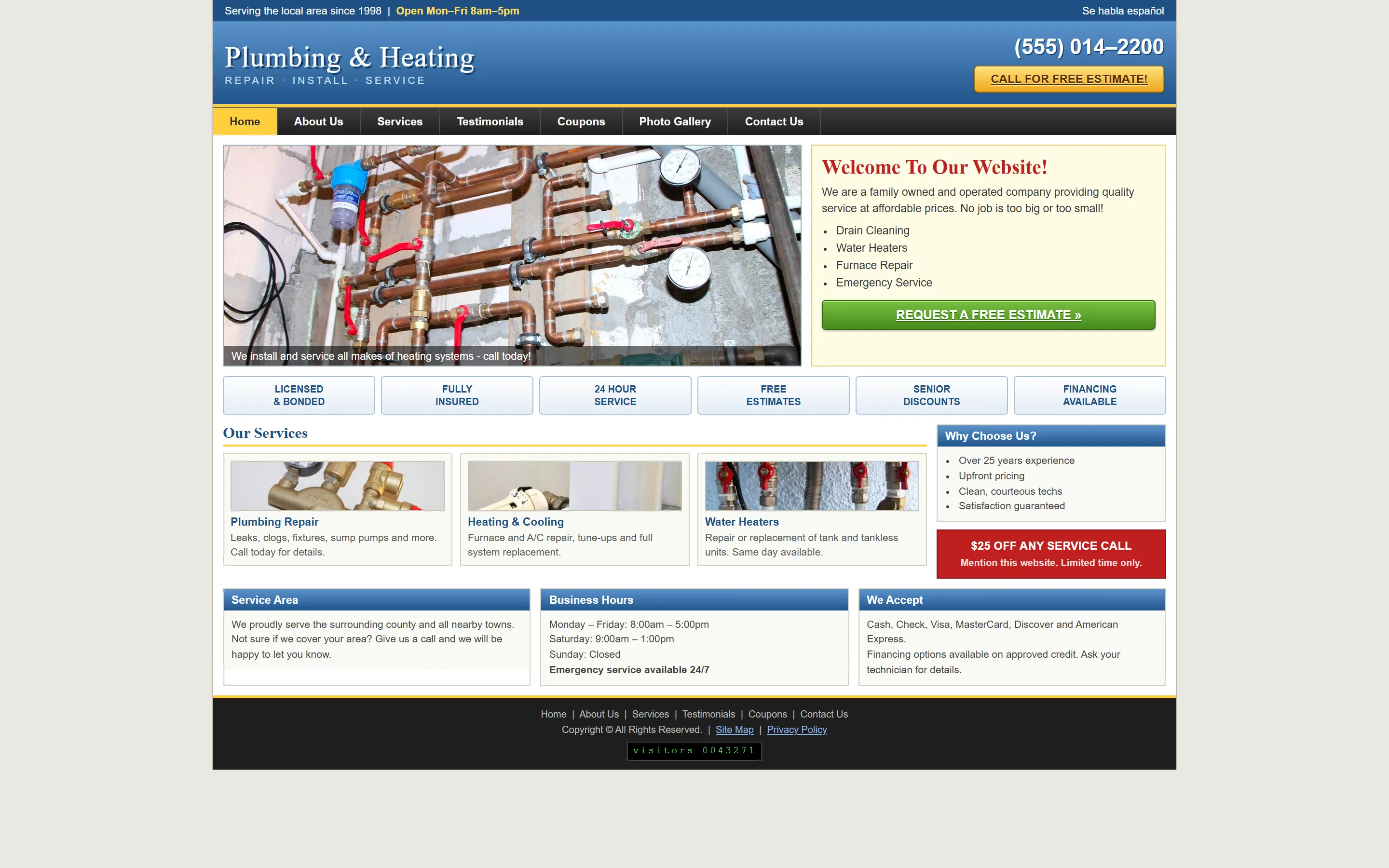 Illustrative mockup of a dated, cluttered service-business website
